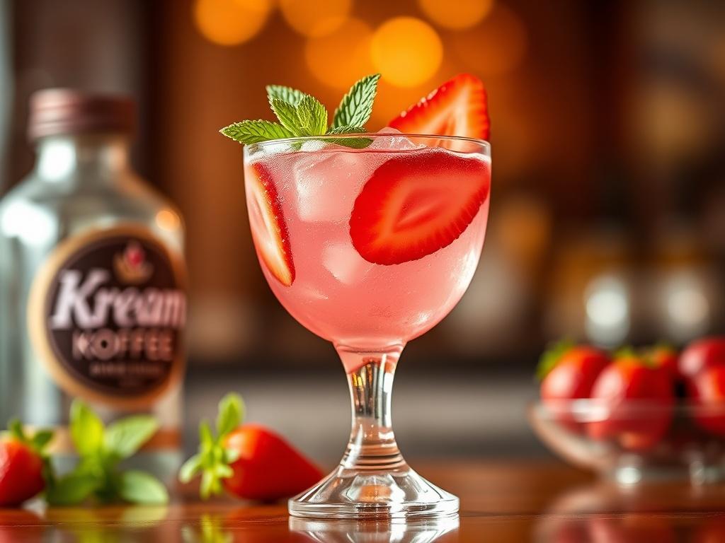 A close-up shot of a Pink Countess cocktail in a stylish glass. The drink is a vibrant pink color with fresh strawberry slices and a sprig of mint as garnish. The background is softly blurred, emphasizing the drink, with a hint of the Kream Koffee Zimbabwe logo subtly visible. The lighting is warm, creating an inviting and vibrant atmosphere, compatible with the rgb(50, 170, 39) primary color.