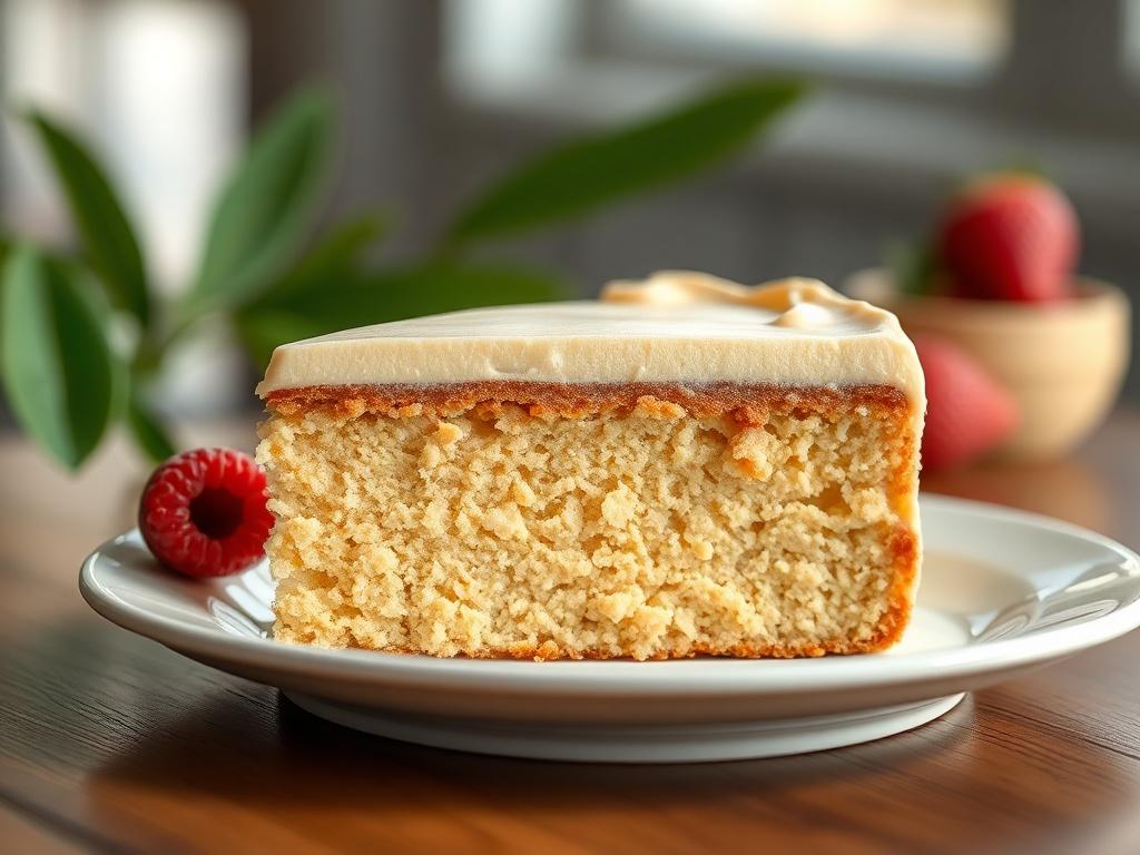 A close-up of a beautifully plated cake slice, showcasing its moist texture and rich frosting. The cake should be positioned in the center of the frame, with a simple, elegant white plate underneath. The background should be softly blurred to emphasize the cake, capturing natural light to enhance the colors and details. The overall composition should be clean and appealing, evoking a sense of indulgence.