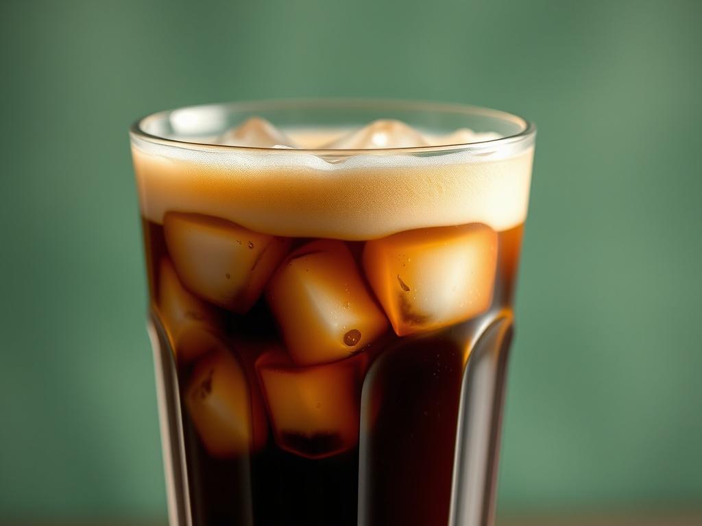 A close-up shot of a glass of iced coffee filled with ice cubes, topped with a creamy froth. The glass should be clear, showcasing the dark coffee and ice inside, with condensation on the outside. The background should be soft and blurred, drawing focus to the glass, with a hint of green color to reflect the primary color theme (rgb(50, 170, 39)). The image should be hyper-realistic, captured with a 45mm f/1.2 lens for a shallow depth of field.