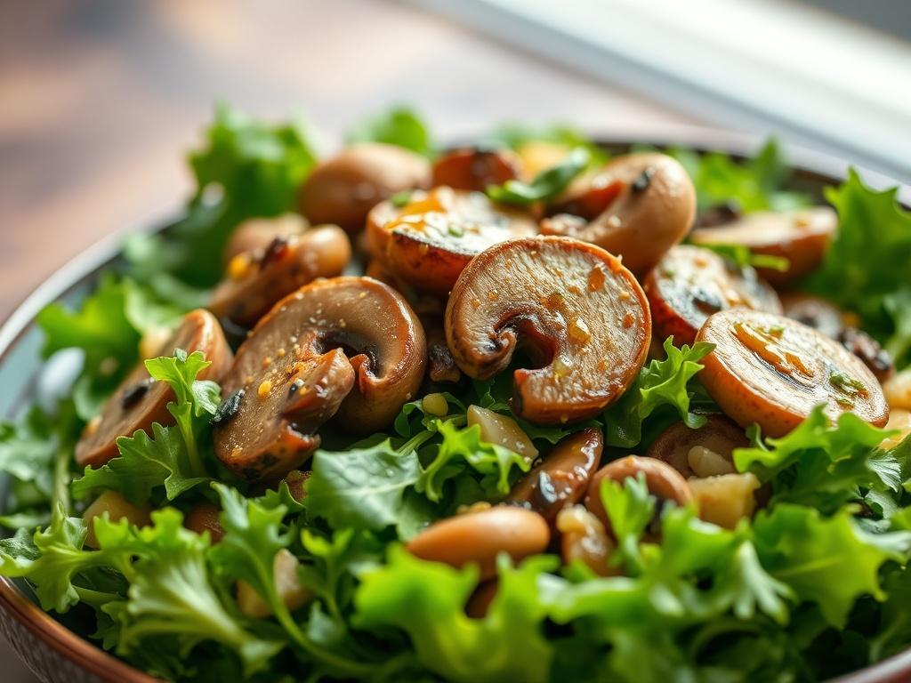 A close-up shot of a vibrant Mushroom Salad, showcasing sautéed mushrooms on a bed of crisp greens, drizzled with a tangy vinaigrette. The background is softly blurred to emphasize the salad, with natural lighting enhancing the fresh colors of the ingredients. The image should be shot with a 45mm f/1.2 lens style, ensuring high resolution and detail.