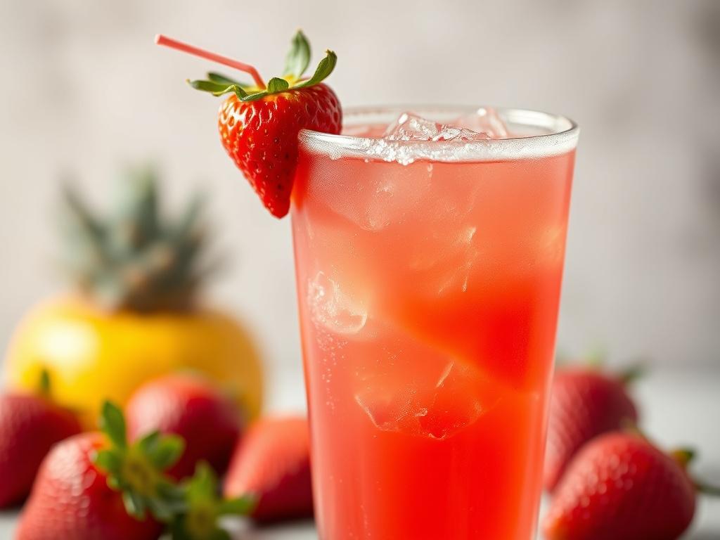 A close-up shot of a Virgin Strawberry Daiquiri in a clear glass, garnished with fresh strawberries and a lime wedge. The drink should be vibrant red with a frosty rim, set against a simple, soft-focus background that enhances the drink's colors. The composition should highlight the drink's freshness and appeal, shot with a 45mm f/1.2 lens style, ensuring a hyper-realistic look.