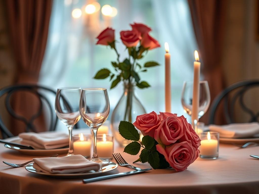 A close-up shot of a beautifully set dinner table for two, featuring elegant tableware, soft candlelight, and a vase with fresh roses. The background is softly blurred to emphasize the intimacy of the setting. The color palette includes soft pinks and greens, creating a romantic atmosphere. The image should be hyper-realistic, shot with a 45mm f/1.2 lens, capturing the essence of a perfect date night.