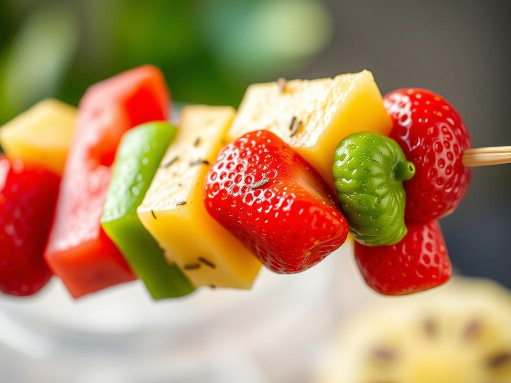 A close-up shot of a vibrant fruit kebab featuring a selection of fresh, juicy fruits like watermelon, pineapple, and strawberries. The kebab is skewered on a wooden stick, with fruits arranged in a colorful pattern. The background is softly blurred to emphasize the kebab, with natural lighting highlighting the freshness and textures of the fruits. The overall composition is simple and clear, focusing solely on the fruit kebab, optimized for a realistic high-resolution image.