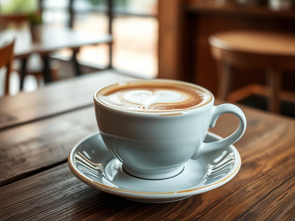 A close-up shot of a creamy Latte in a beautiful ceramic cup, topped with a light froth. The cup sits on a rustic wooden table, with a soft-focus background that hints at a cozy café setting. The image should have warm tones, showcasing the rich brown color of the coffee and the white froth, with natural lighting enhancing the inviting ambiance. Shot with a 45mm f/1.2 lens for a hyper-realistic effect.