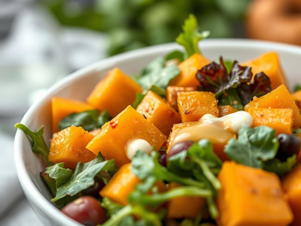 A close-up of a vibrant Butternut Salad featuring roasted butternut squash and fresh seasonal greens. The salad is presented in a simple, elegant white bowl, with a drizzle of homemade dressing on top. The background is softly blurred to emphasize the freshness and colors of the salad, shot with a 45mm f/1.2 lens style. The image should be bright and inviting, compatible with the rgb(50, 170, 39) primary color.