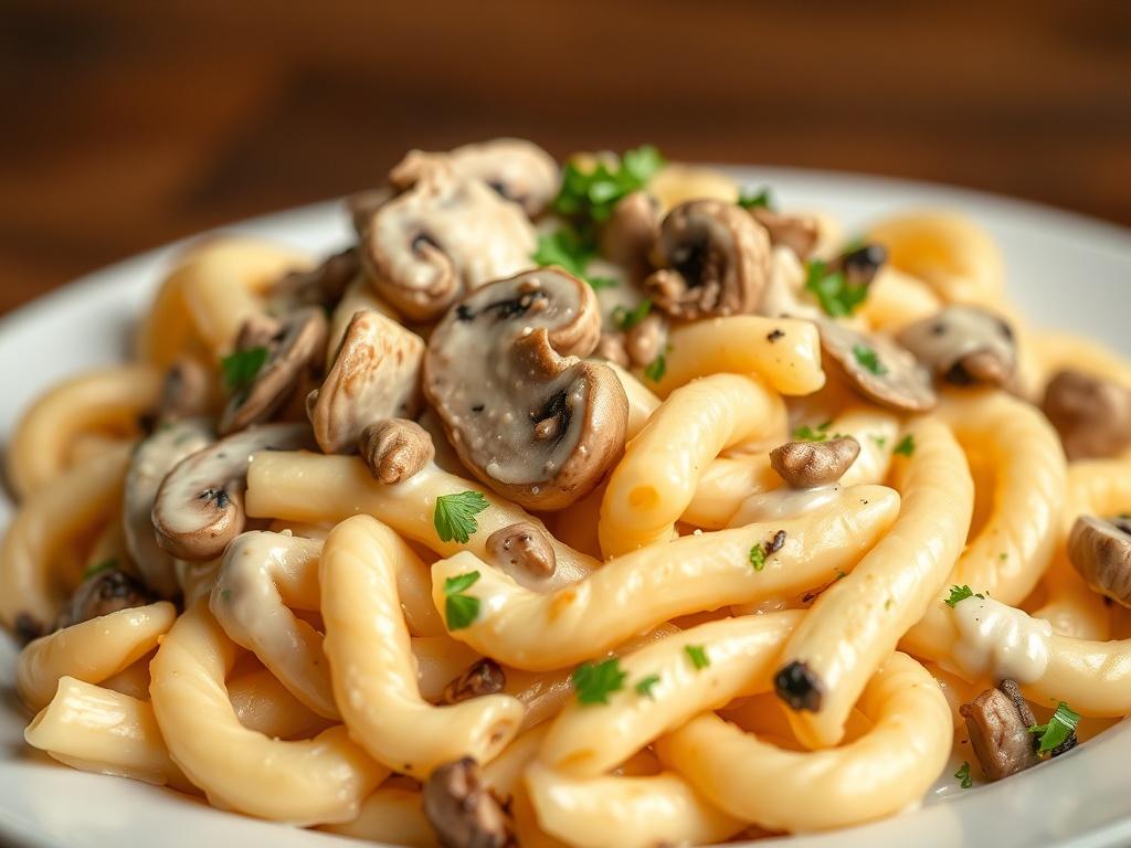 A close-up shot of a plate of Classic Mushroom Pasta featuring macaroni coated in a rich creamy white sauce, topped with fresh chopped mushrooms. The background should be simple and blurred, allowing the pasta to be the main focus. The image should be rendered in high-resolution and compatible with the rgb(50, 170, 39) primary color.