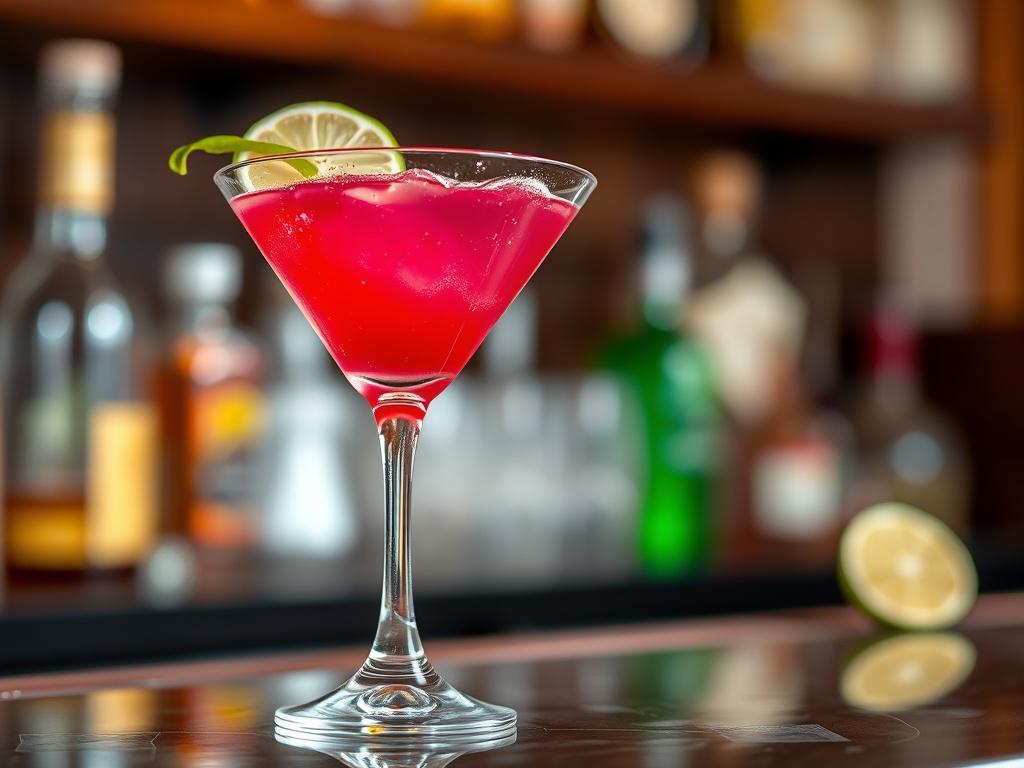 A close-up shot of a Classic Cosmo cocktail in a chilled martini glass, garnished with a twist of lime. The drink is vibrant pink, showcasing the rich colors of the cranberry juice and the clarity of the vodka. The background is softly blurred, emphasizing the cocktail, with a subtle hint of a bar setting. The image is rendered in high-resolution with a focus on hyper-realistic details, captured with a 45mm f/1.2 lens style.