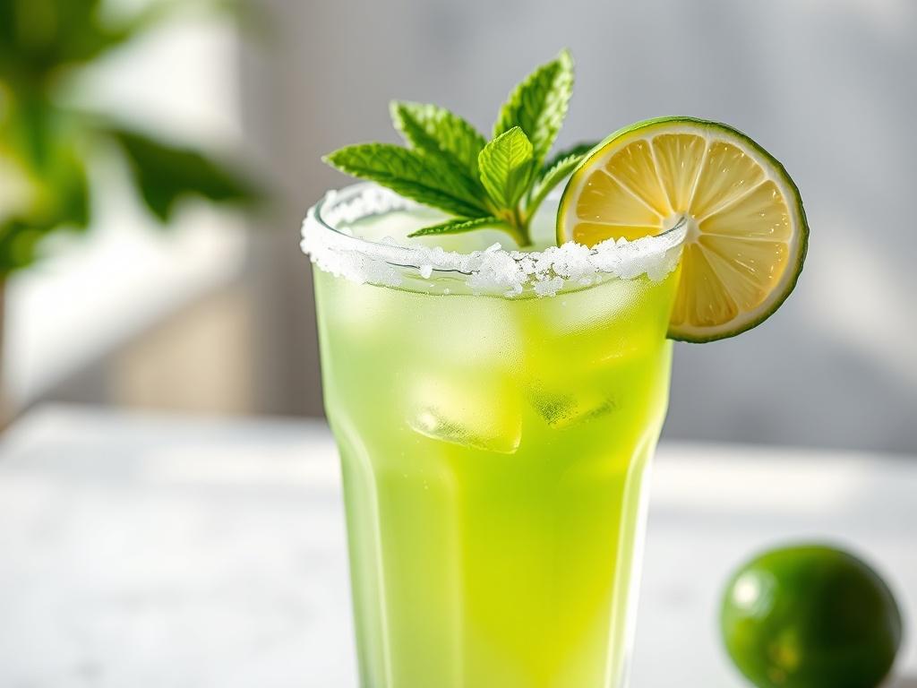 A close-up shot of a Salted Lime mocktail in a clear glass, showcasing the vibrant green color of lime juice with a rim of salt. The glass is garnished with a slice of lime and a sprig of mint. The background is softly blurred, emphasizing the drink, with natural light enhancing the freshness and vibrancy of the colors. The composition is simple and clear, focusing solely on the mocktail.