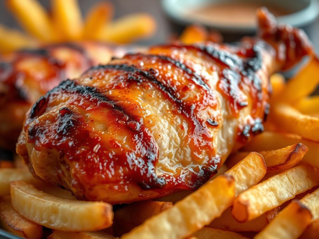 A close-up shot of a perfectly grilled quarter chicken, glistening with barbecue or peri peri sauce, accompanied by a generous serving of crispy golden chips. The chicken showcases a charred, succulent texture, with the sauce glistening in the light. The background is softly blurred to keep the focus on the dish, while the color palette complements the primary color rgb(50, 170, 39). The composition is simple yet appetizing, highlighting the deliciousness of the meal.