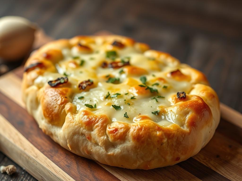 A close-up shot of a Cheese and Garlic Focaccia, showcasing its golden-brown crust topped with melted cheese and fresh garlic, placed on a rustic wooden board. The background is softly blurred to highlight the focaccia, and the image is rich in detail, capturing the texture and warmth of the dish. The overall color scheme should complement the primary color rgb(50, 170, 39), ensuring a vibrant and inviting presentation.