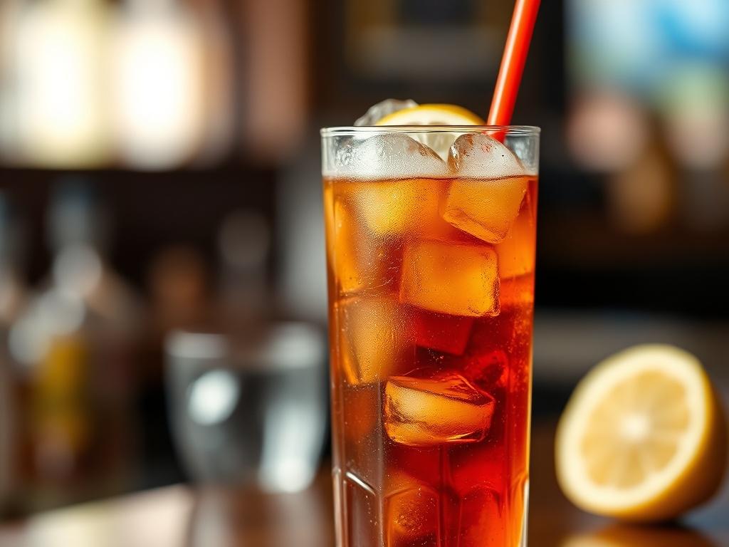 A hyper-realistic close-up shot of a Long Island Iced Tea in a tall glass filled with ice. The drink showcases a blend of amber and dark hues, with a slice of lemon on the rim and a vibrant straw. The background is softly blurred to highlight the drink, capturing the essence of a refreshing cocktail experience. Shot with a 45mm f/1.2 lens style, emphasizing the rich textures and colors of the beverage.