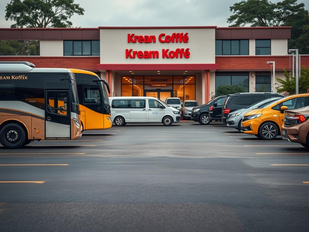 A spacious parking lot at Kream Koffee Zimbabwe, showing various vehicles like a bus, mini cab, and taxi parked neatly. The scene should be well-lit, showcasing the ample space available for parking. The background should include the entrance of the Kream Koffee building, with a welcoming atmosphere. The overall composition should focus on the parking area, emphasizing the convenience and accessibility of the space, rendered in high-resolution with a close-up shot using a 45mm f/1.2 lens.