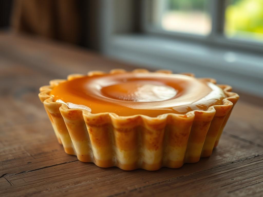A hyper-realistic close-up shot of a golden-brown custard tart with a glossy surface, showcasing the creamy custard filling. The tart sits on a rustic wooden table, with soft natural light highlighting its texture. The background is blurred to emphasize the tart, ensuring the focus remains on its inviting appearance. The colors should be bright and warm, compatible with the rgb(50, 170, 39) primary color.