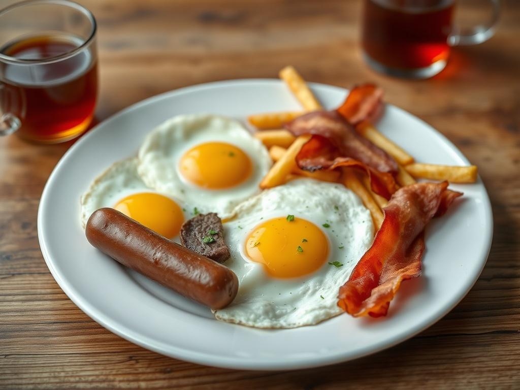 A close-up shot of a Farmhouse Breakfast plate featuring two eggs, one sausage, beef stir or chicken livers, crispy bacon, golden fries, and a steaming cup of tea. The background should be a simple wooden table, emphasizing the vibrant colors of the food. The composition should focus solely on the breakfast plate, showcasing the freshness and deliciousness of each item.
