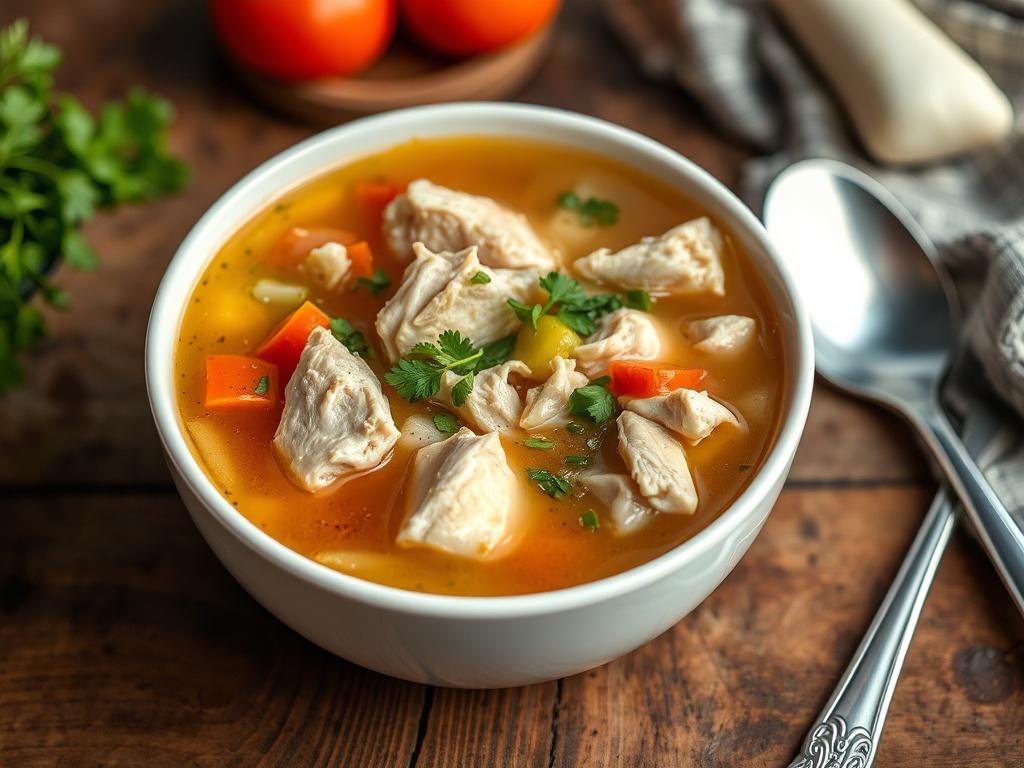 A close-up shot of a steaming bowl of Chicken Soup, featuring tender chicken pieces, vibrant vegetables, and fresh herbs. The soup is in a white ceramic bowl on a rustic wooden table, with a spoon beside it. The background is softly blurred to emphasize the soup, capturing the warmth and inviting aroma, shot with a 45mm f/1.2 lens style.