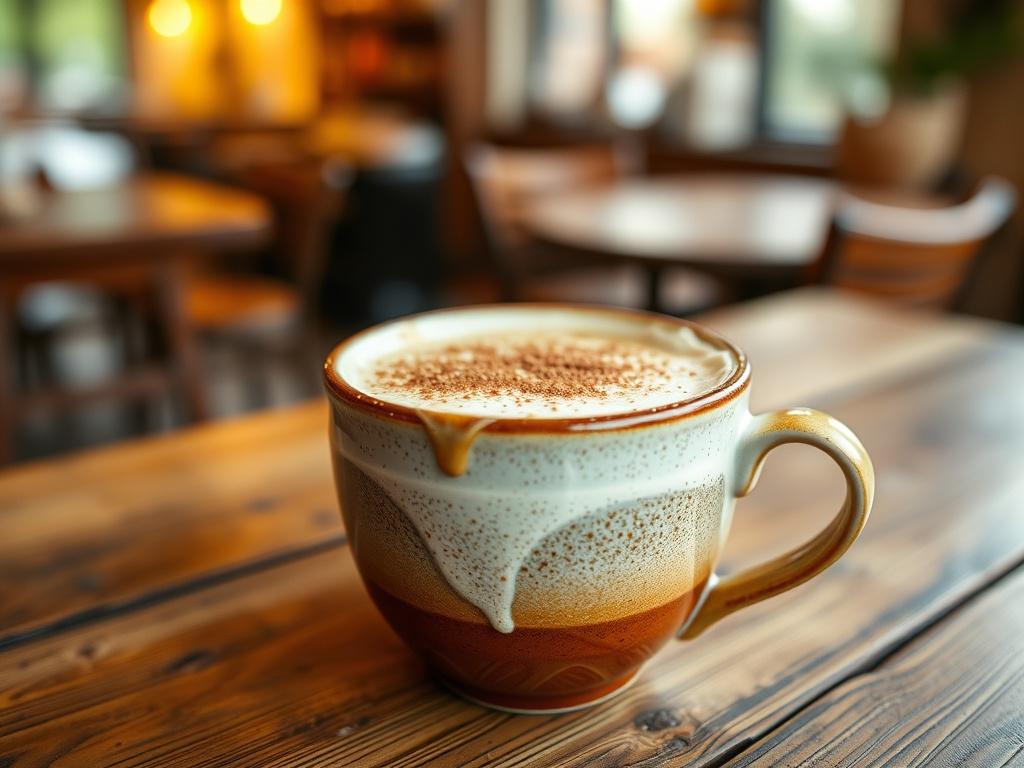 A close-up shot of a Dirty Chai in a beautifully crafted ceramic cup, showcasing the frothy surface with a sprinkle of cinnamon on top. The cup is placed on a rustic wooden table, with a blurred background of warm, inviting café ambiance. Focus on the rich colors of the chai and the texture of the foam, shot with a 45mm f/1.2 lens for a hyper-realistic effect.