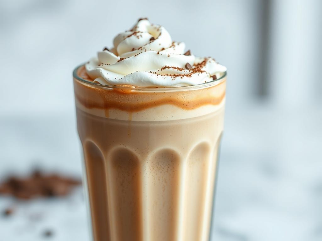 A hyper-realistic close-up of a creamy Espresso Shake in a chilled glass, topped with whipped cream and a sprinkle of cocoa powder. The background should be softly blurred, highlighting the drink's rich brown color and creamy texture. The image should capture the essence of indulgence with an inviting and refreshing appeal, shot with a 45mm f/1.2 lens style, compatible with the rgb(50, 170, 39) primary color.