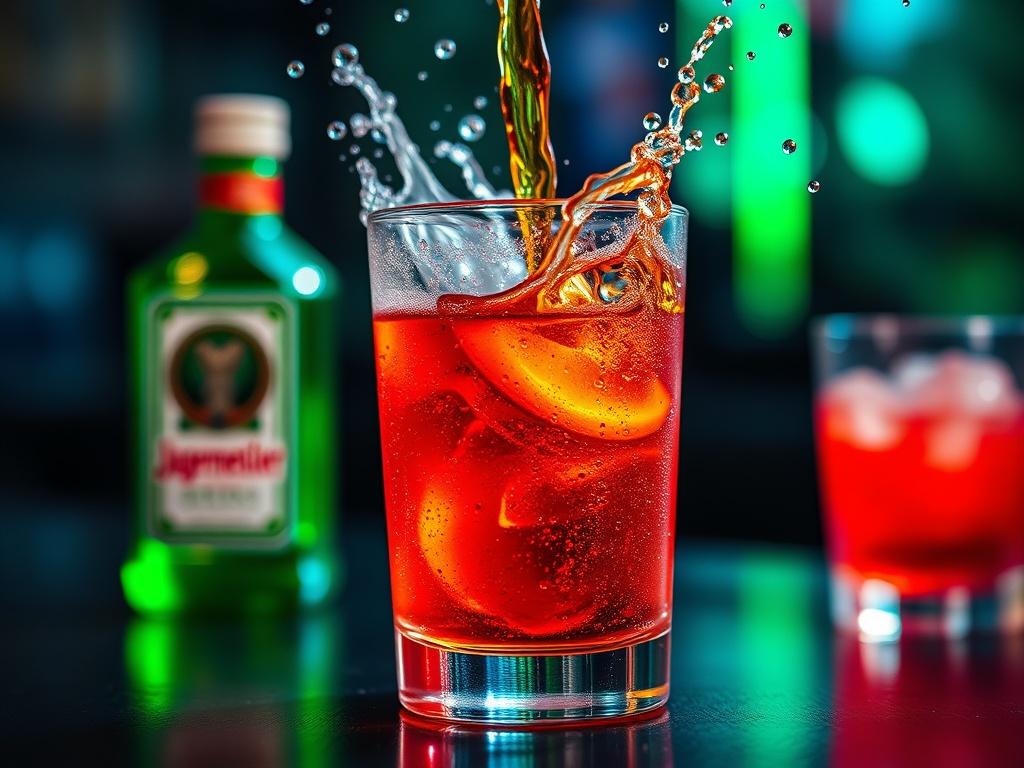 A close-up shot of a vibrant Jaeger bomb cocktail, featuring a shot of Jägermeister being dropped into a glass of energy drink. The image should capture the moment of impact, with bubbles and splashes visible. The background should be softly blurred to emphasize the drink, while the colors should be bright and inviting. The glass should be frosted, and the setting should evoke a lively atmosphere, hinting at a fun night out.