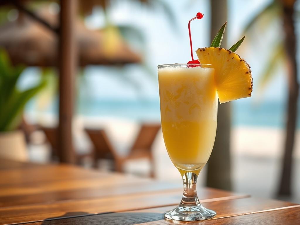 A close-up shot of a Pina Colada cocktail in a tall glass, garnished with a slice of pineapple and a cherry. The drink has a creamy texture with a vibrant yellow color, served on a wooden table with a blurred tropical background. The image should have a soft focus with a warm, inviting atmosphere, capturing the essence of a tropical paradise, shot with a 45mm f/1.2 lens.