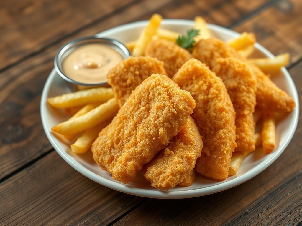 A close-up shot of crispy fish fingers served on a white plate with golden fries. The fish fingers are arranged neatly, showcasing their golden, crunchy batter. The plate is set on a rustic wooden table, with a small bowl of tartar sauce on the side. The background is softly blurred to emphasize the dish, and the lighting highlights the textures and colors of the food. The image should be rendered in high resolution with a focus on realism, capturing the appetizing appeal of the meal.