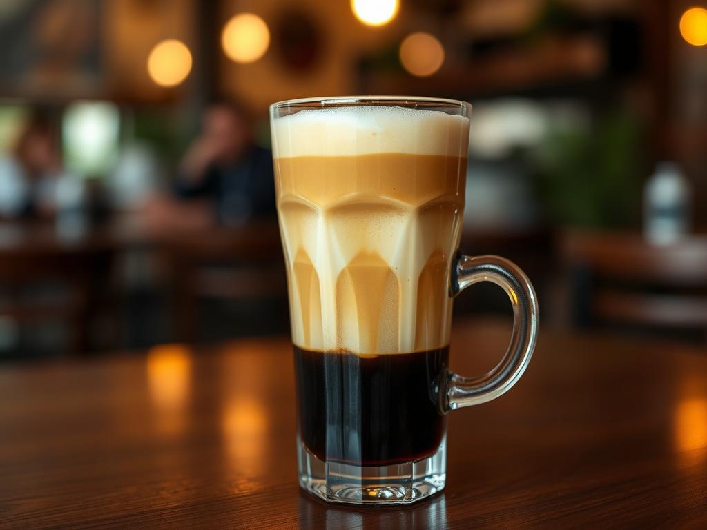 A hyper-realistic close-up shot of a Cafe Bombon in a clear glass on a wooden table. The drink showcases a beautiful layered effect with dark espresso at the bottom and creamy sweetened condensed milk on top. The background is softly blurred, highlighting the drink while maintaining a warm, inviting atmosphere. The colors are vibrant and the composition is simple and clean, focusing solely on the Cafe Bombon.