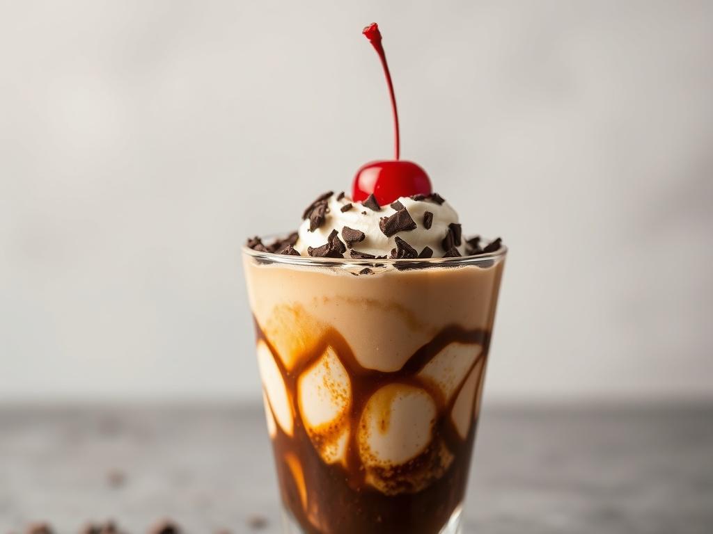 A close-up shot of a Don Pedro dessert, featuring a creamy blend of ice cream and coffee in a clear glass. The dessert is topped with chocolate shavings and a cherry on top, beautifully presented against a simple, elegant background. The image should convey indulgence and richness, shot with a 45mm f/1.2 lens to highlight the textures and colors in vibrant detail.