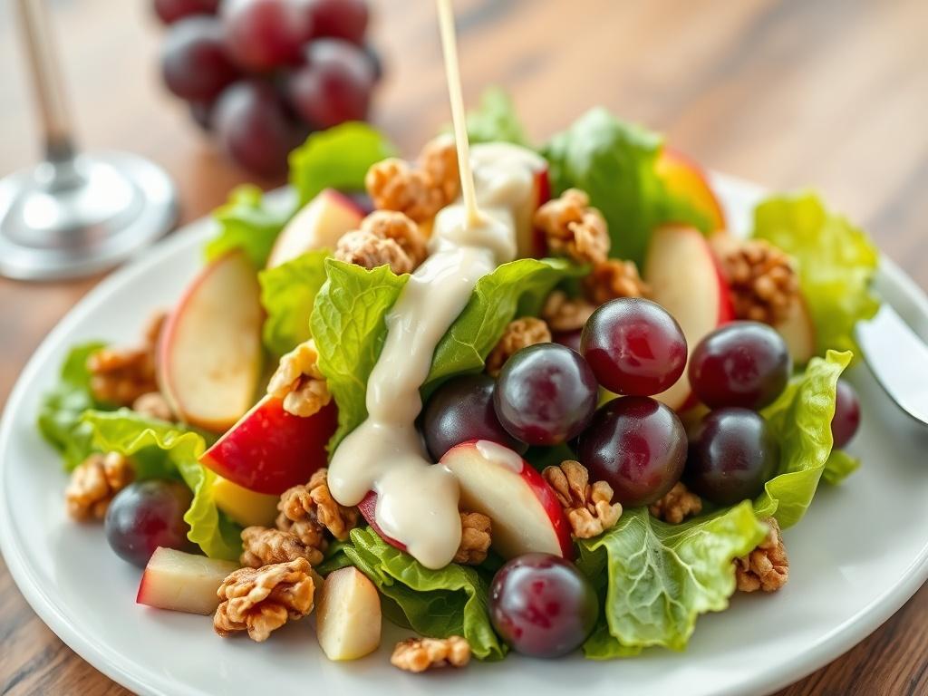 A close-up shot of a beautifully plated Waldorf salad, showcasing vibrant green lettuce, bright red apples, plump purple grapes, and toasted walnuts. The creamy dressing is drizzled artfully over the salad, enhancing its colors. The background is softly blurred, emphasizing the salad's freshness and inviting presentation. The image should have a hyper-realistic quality and be captured with a 45mm f/1.2 lens style, with a primary color theme of rgb(50, 170, 39).