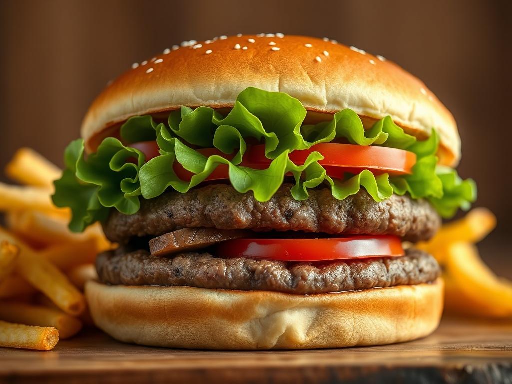 A close-up shot of a Double Beef Burger with two juicy beef patties, fresh lettuce, ripe tomatoes, and a soft toasted bun, served with a side of golden crispy chips. The background is simple and blurred to emphasize the burger, with an inviting warm tone. The image is rendered in hyper-realistic quality, focusing on the textures and colors of the ingredients, compatible with the rgb(50, 170, 39) primary color.