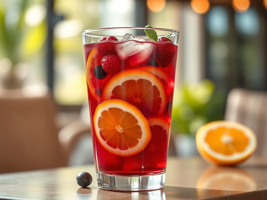 A close-up shot of Resort Sangria in a clear glass, featuring vibrant red wine mixed with slices of oranges, lemons, and fresh berries. The drink is served with ice and garnished with a sprig of mint. The background is softly blurred, focusing on the colorful drink, with warm natural lighting enhancing the fresh fruit colors. The setting is inviting, evoking a tropical getaway atmosphere.