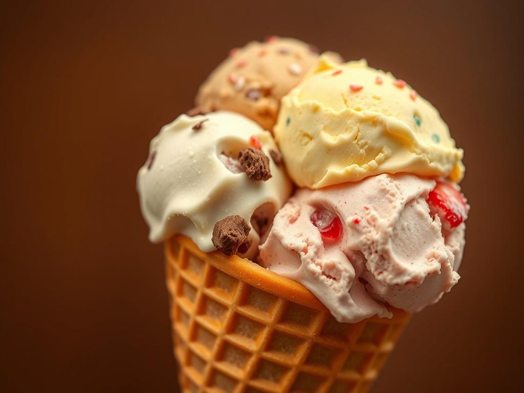 A close-up shot of a delicious ice cream cone filled with colorful scoops of ice cream, including vanilla, chocolate, and strawberry flavors. The cone is golden brown and crispy, with a few sprinkles on top. The background is softly blurred to highlight the ice cream cone, using a warm color palette that complements the rgb(50, 170, 39) primary color. The image is shot with a 45mm f/1.2 lens style for a hyper-realistic effect.