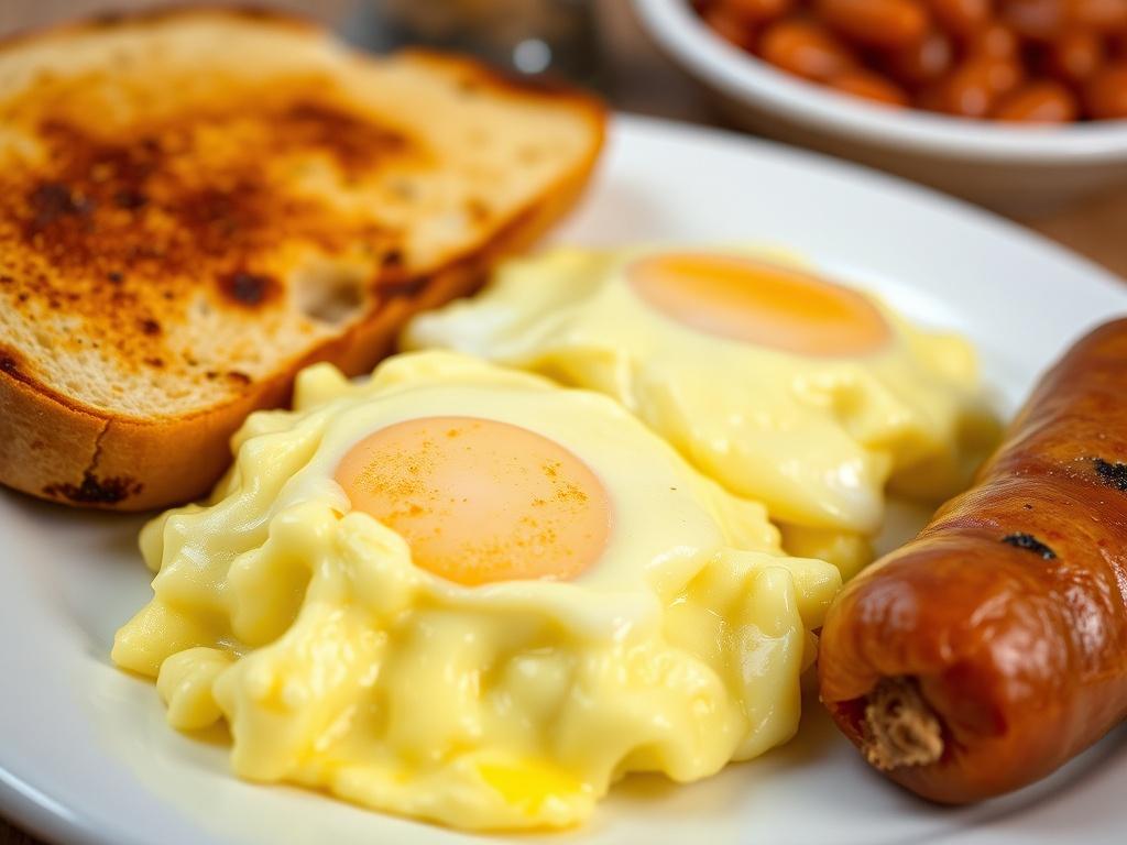 A close-up shot of a Basic Breakfast plate featuring fluffy scrambled eggs, golden toast, savory sausage, and a side of baked beans, all arranged beautifully on a white plate. The background is softly blurred to keep the focus on the delicious food. Shot with a 45mm f/1.2 lens, the colors are vibrant, highlighting the warm tones of the breakfast items, with a touch of green (rgb(50, 170, 39)) subtly incorporated to enhance the visual appeal.