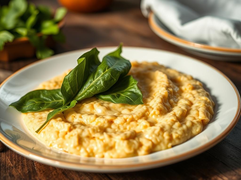 A close-up shot of a plate of Sadza and pumpkin leaves, showcasing the creamy texture of the sadza and the vibrant green of the pumpkin leaves. The dish is elegantly presented on a rustic wooden table, with natural light illuminating the colors, emphasizing the freshness of the ingredients. The background is softly blurred to draw attention to the dish.