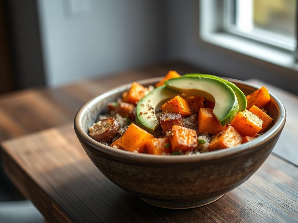 A close-up shot of a Roasted Veg Quinoa Bowl featuring vibrant roasted sweet potatoes and carrots with a touch of garlic and cinnamon, topped with fresh avocado slices. The dish is artfully arranged in a rustic bowl, set on a wooden table, with natural light highlighting the rich colors of the veggies and avocado. The background is softly blurred to keep the focus on the bowl, creating a warm and inviting atmosphere.