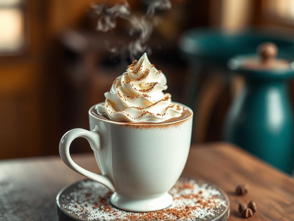A close-up shot of a steaming cup of Hot Chocolate topped with whipped cream, elegantly placed on a rustic wooden table. The rich brown color of the chocolate contrasts beautifully with the white cream, and a sprinkle of cocoa powder adds a finishing touch. The background is softly blurred to keep the focus on the cup, with warm natural lighting enhancing the inviting atmosphere. The composition should feel cozy and comforting.