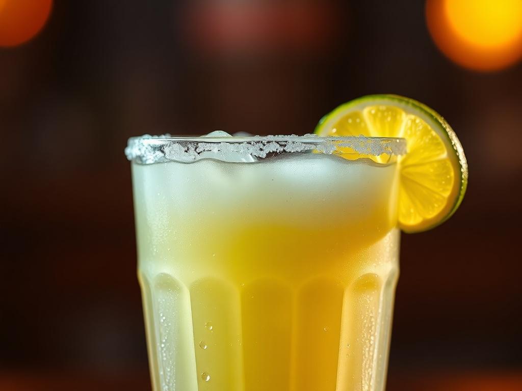 A close-up shot of a Frozen Margarita in a glass with a lime wedge and salt rim. The background is softly blurred to emphasize the drink. The glass should be frosted, showcasing the icy texture, with droplets of condensation adding realism. The primary color scheme should be rgb(50, 170, 39), enhancing the vibrant feel of the drink.