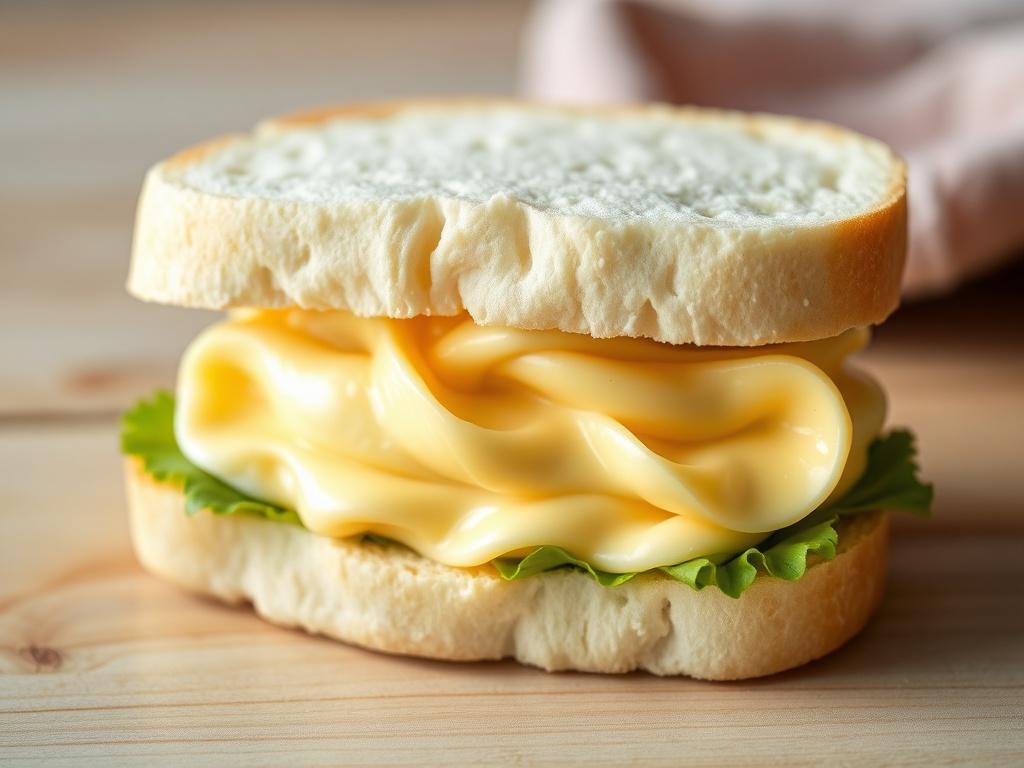 A hyper-realistic close-up shot of an Egg Mayo Sandwich made with two slices of soft white bread filled with creamy egg mayonnaise. The sandwich should be placed on a simple, clean wooden surface to highlight its freshness. Natural lighting should enhance the colors of the egg filling, making it look appetizing and vibrant. The background should be softly blurred to keep the focus on the sandwich, capturing the texture of the bread and the creamy filling beautifully.