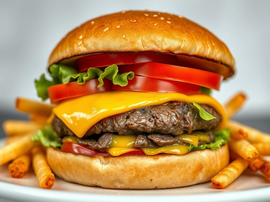 A close-up shot of a succulent beef burger with melted cheese, fresh lettuce, and ripe tomatoes in a toasted bun, served with crispy golden chips on the side. The composition focuses on the burger as the main subject, with a clean background that highlights the vibrant colors of the ingredients. The image should be captured in hyper-realistic style, resembling a shot taken with a 45mm f/1.2 lens. The primary color of the image should complement rgb(50, 170, 39).