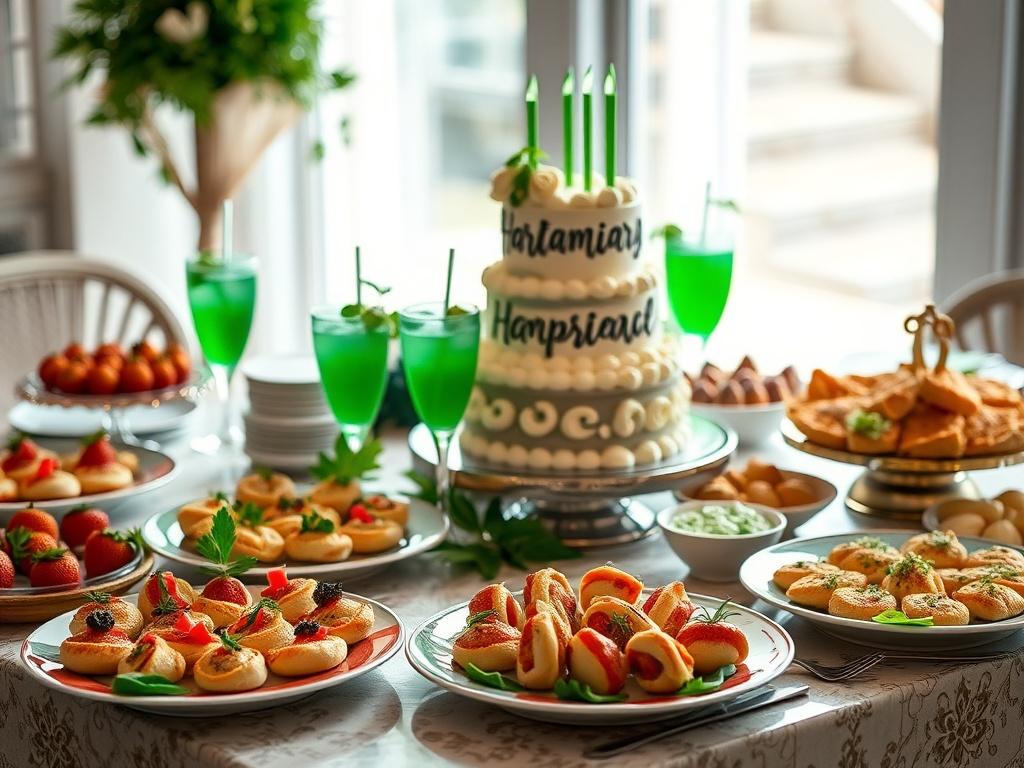 A beautifully arranged catering spread featuring an elegant table set for a special event, with a variety of dishes including gourmet appetizers, a stunning birthday cake, and colorful mocktails. The scene is vibrant, showcasing high-quality food presentation. The background is softly blurred, focusing on the table setting, with natural lighting enhancing the inviting atmosphere. The colors are bright and appealing, with a primary green hue (rgb(50, 170, 39)) subtly incorporated in decor elements.
