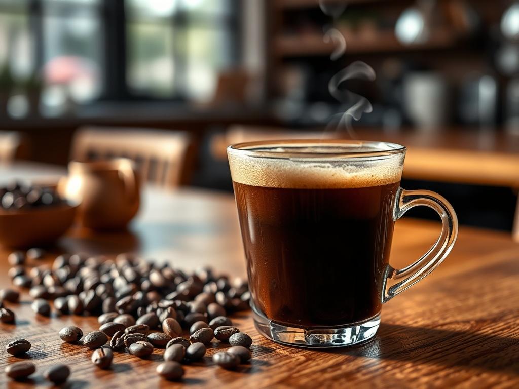 A close-up shot of a steaming cup of Filter Coffee placed on a wooden table. The coffee is dark and rich, with a delicate foam on top. In the background, there are subtle hints of coffee beans and a blurred out cozy café environment. The lighting is warm and inviting, enhancing the rich brown tones of the coffee and the natural wood of the table. Shot with a 45mm f/1.2 lens style to emphasize the coffee cup and create a soft bokeh effect.