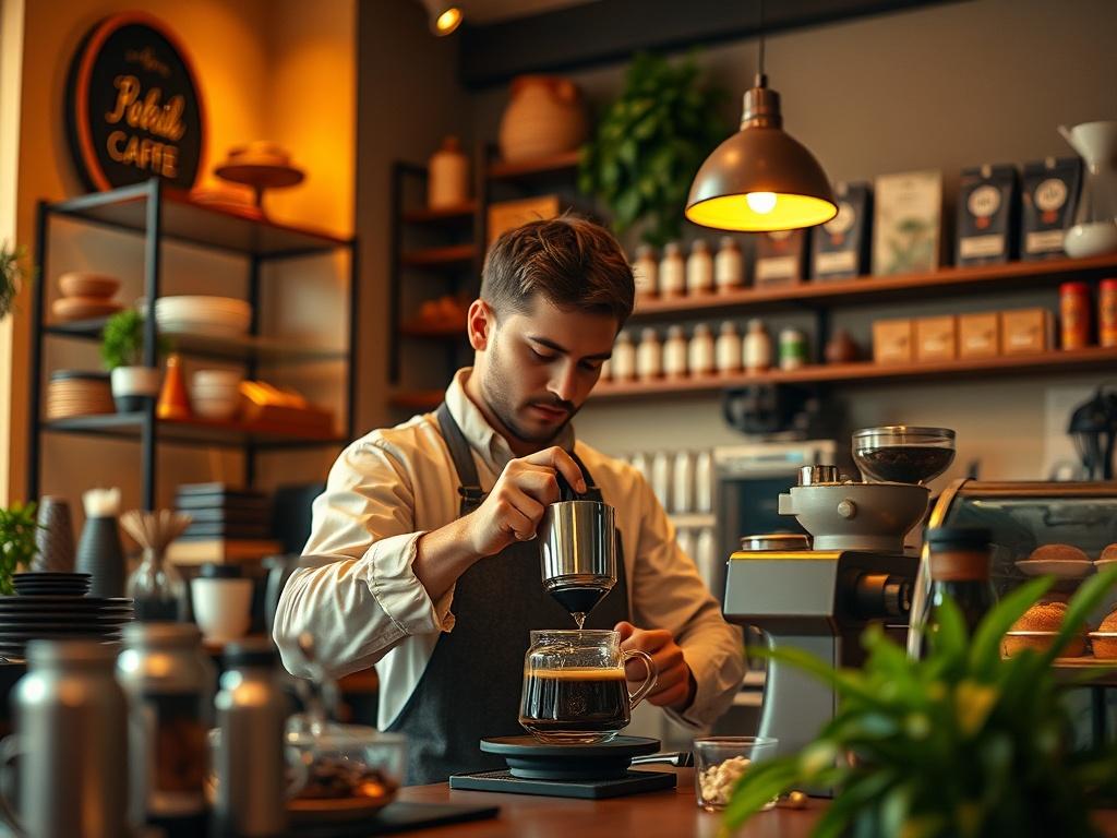 A cozy, inviting coffee shop interior with soft golden lighting