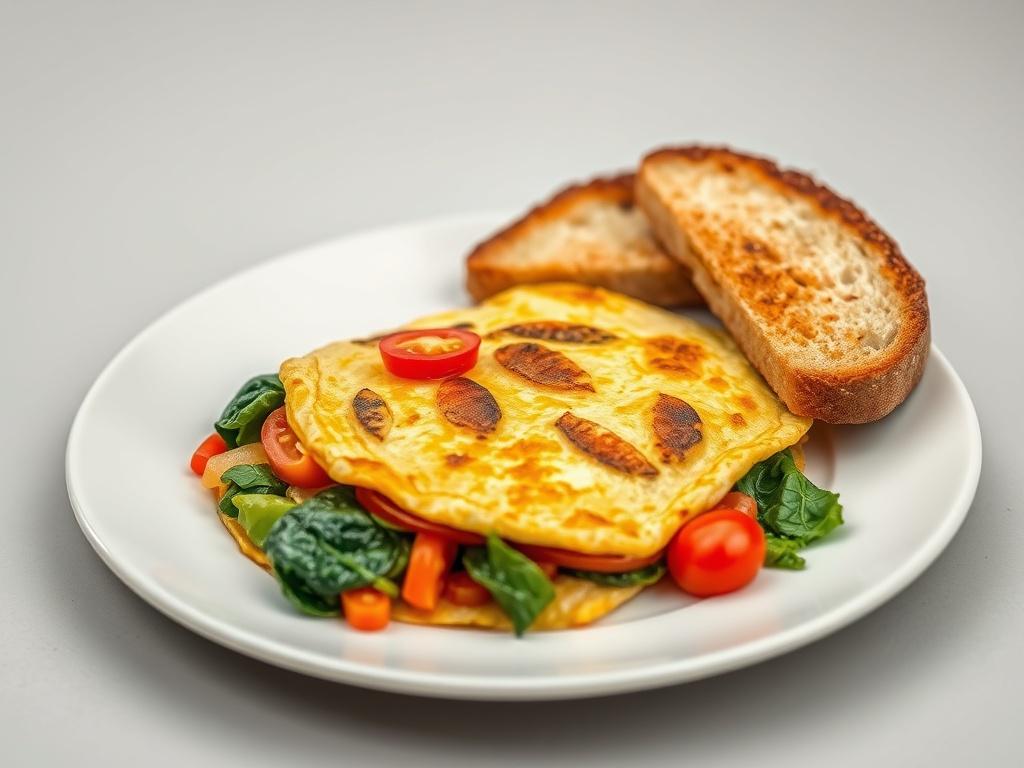 A close-up shot of a beautifully plated Vegetable Omelette with vibrant colors, showcasing a variety of fresh vegetables like bell peppers, spinach, and tomatoes. The omelette is fluffy and slightly golden, served alongside two slices of perfectly toasted bread on a simple white plate. The background is a soft, neutral color to emphasize the dish, captured with a 45mm f/1.2 lens for a shallow depth of field.