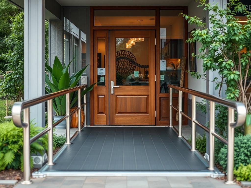 A close-up shot of a modern, accessible entrance to a café, featuring a wheelchair ramp. The image showcases the ramp leading up to a welcoming door, with lush greenery in the background. The composition is simple and clear, focusing on the accessibility features. The color palette complements the primary color rgb(50, 170, 39), emphasizing inclusivity and warmth.