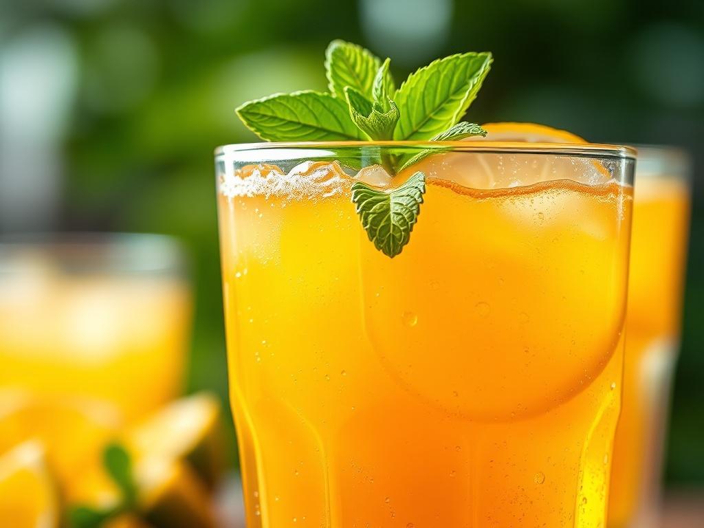 A close-up shot of a vibrant and refreshing Malawi Shandy in a clear glass, garnished with a slice of lemon and a sprig of mint. The drink is filled with a bright yellow-orange liquid, showcasing bubbles and condensation on the glass. The background is softly blurred, focusing solely on the drink, with a hint of outdoor greenery to evoke a refreshing atmosphere. The image should be captured in high-resolution with a 45mm f/1.2 lens style, and should feature the rgb(50, 170, 39) primary color in the overall 