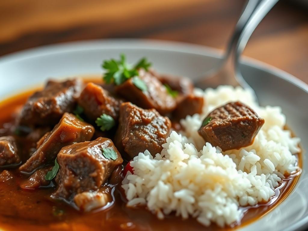 A close-up shot of a beautifully plated Beef Stew with Rice. The dish features tender chunks of beef in a rich, savory sauce, garnished with fresh herbs. The fluffy rice is delicately spooned beside the stew, creating a harmonious presentation. The background is softly blurred, emphasizing the vibrant colors of the food, with warm lighting enhancing the inviting atmosphere. Shot with a 45mm f/1.2 lens style.