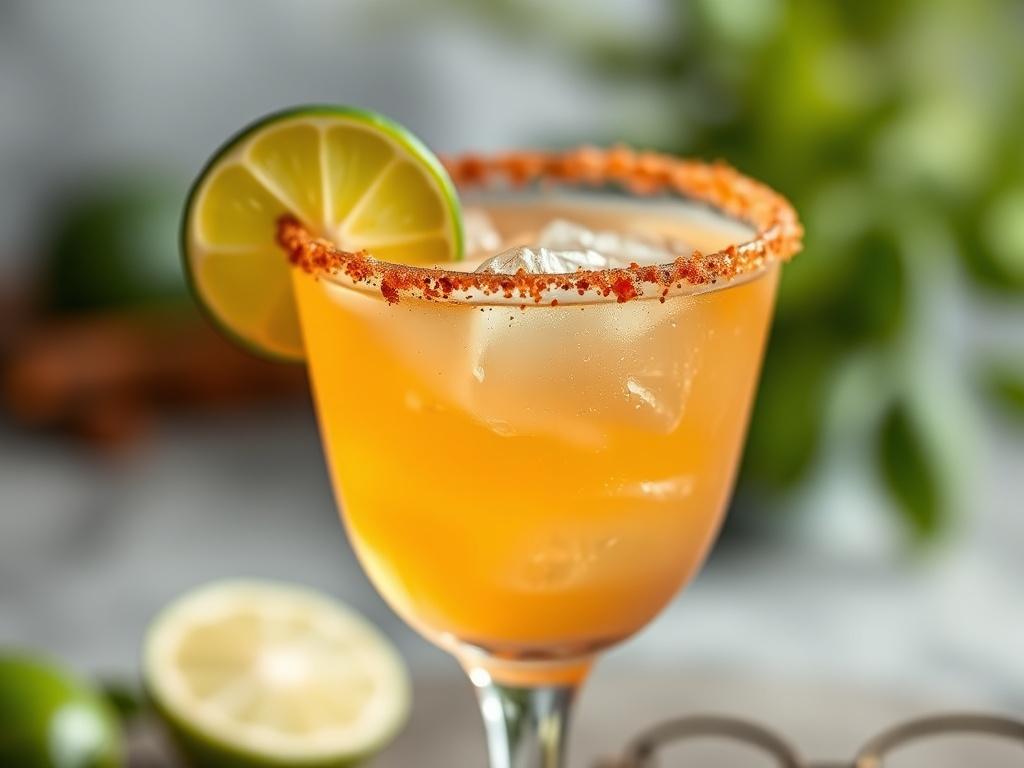 A hyper-realistic close-up of a Spiced Margarita in a clear glass, garnished with a lime slice and chili salt on the rim. The background is softly blurred, emphasizing the vibrant color of the drink, with shades of green from the lime and red from the chili salt. The image captures the refreshing essence of the cocktail, shot with a 45mm f/1.2 lens style.