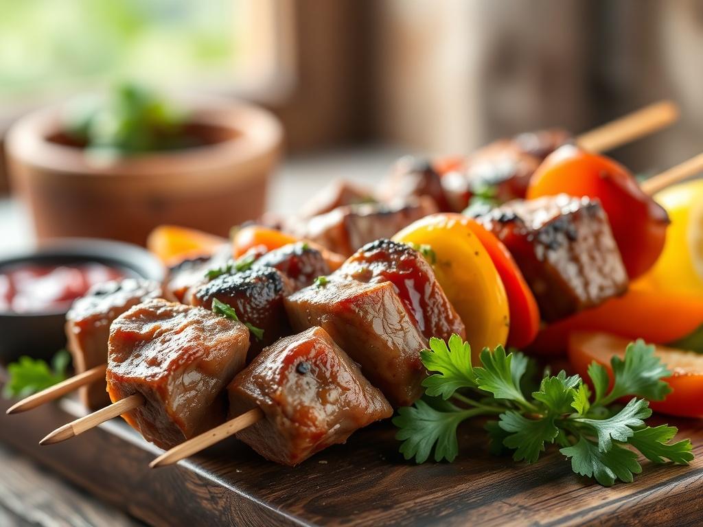 A close-up shot of a skewer of delicious Beef Kebabs, perfectly grilled and garnished with colorful vegetables. The background is softly blurred to emphasize the kebabs, with natural lighting highlighting the juicy texture of the meat. The setting is simple and rustic, evoking a warm, inviting atmosphere. The image should convey freshness and quality, compatible with the rgb(50, 170, 39) primary color.