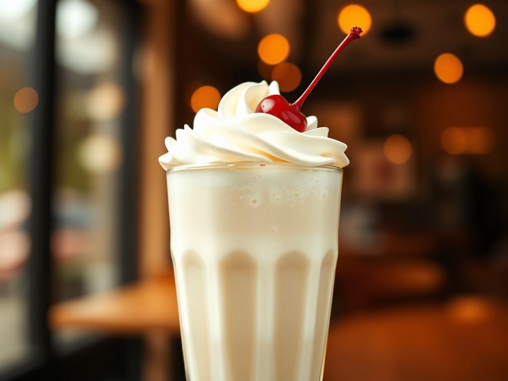 A hyper-realistic close-up shot of a Vanilla Milkshake in a tall glass, topped with whipped cream and a cherry. The background features a soft, blurred café setting, with warm lighting highlighting the creamy texture of the milkshake. The image should be vibrant and inviting, showcasing the rich vanilla color and details of the whipped cream, captured beautifully with a 45mm f/1.2 lens.