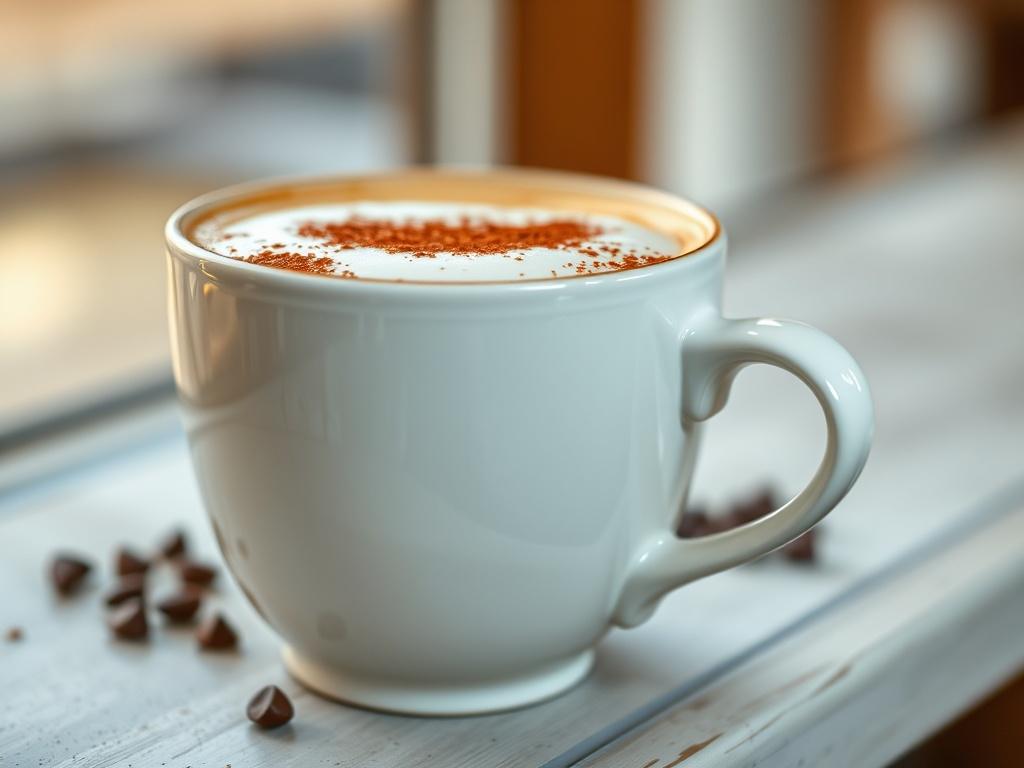 A close-up shot of a Red Cappuccino in a stylish ceramic cup. The drink is topped with a delicate layer of frothy milk and garnished with a sprinkle of cocoa powder. The background is softly blurred, emphasizing the rich color of the cappuccino while highlighting the cup's elegant design. Use natural lighting to enhance the vibrant red color of the drink, creating an inviting and warm atmosphere. The image should embody realism and be rendered in high-resolution quality.