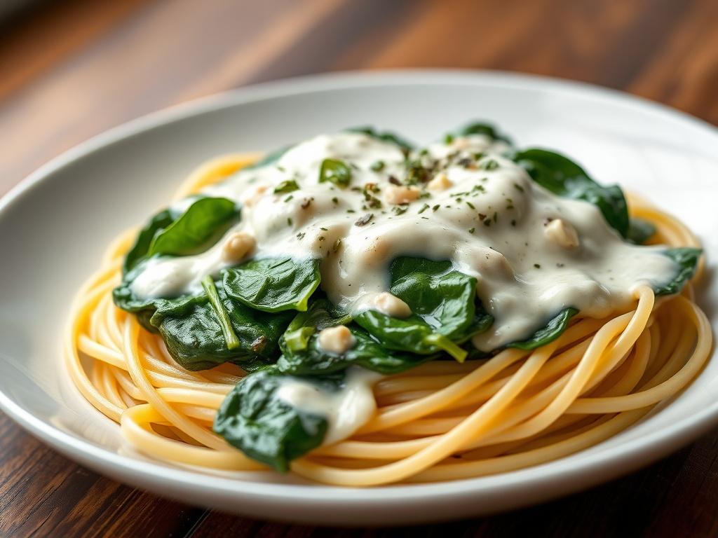 A close-up shot of a plate of Vegan Creamy Spinach, showcasing freshly sliced spinach in a rich white sauce, served over spaghetti. The plate should be elegantly arranged, with the creamy sauce glistening and a sprinkle of herbs on top for garnish. The background should be softly blurred to emphasize the dish, while the color scheme should reflect the rgb(50, 170, 39) primary color.