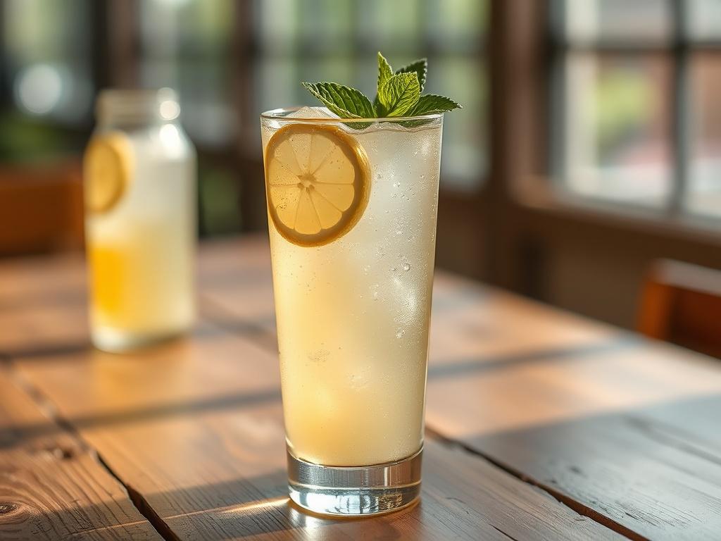 A close-up shot of a Rock Shandy drink, featuring a tall glass filled with lemonade and soda, garnished with a slice of lemon and a sprig of mint. The glass is placed on a rustic wooden table, with soft natural light illuminating the drink, highlighting its bubbles and refreshing appearance. The background is blurred to keep the focus on the drink, creating an inviting and appealing image.